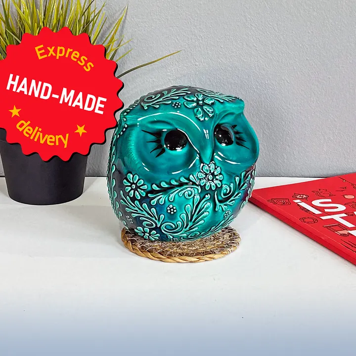 Ceramic turquoise owl — handmade pottery, handmade ceramic, home decor, handmade gift, Turkish ceramic product image (1)