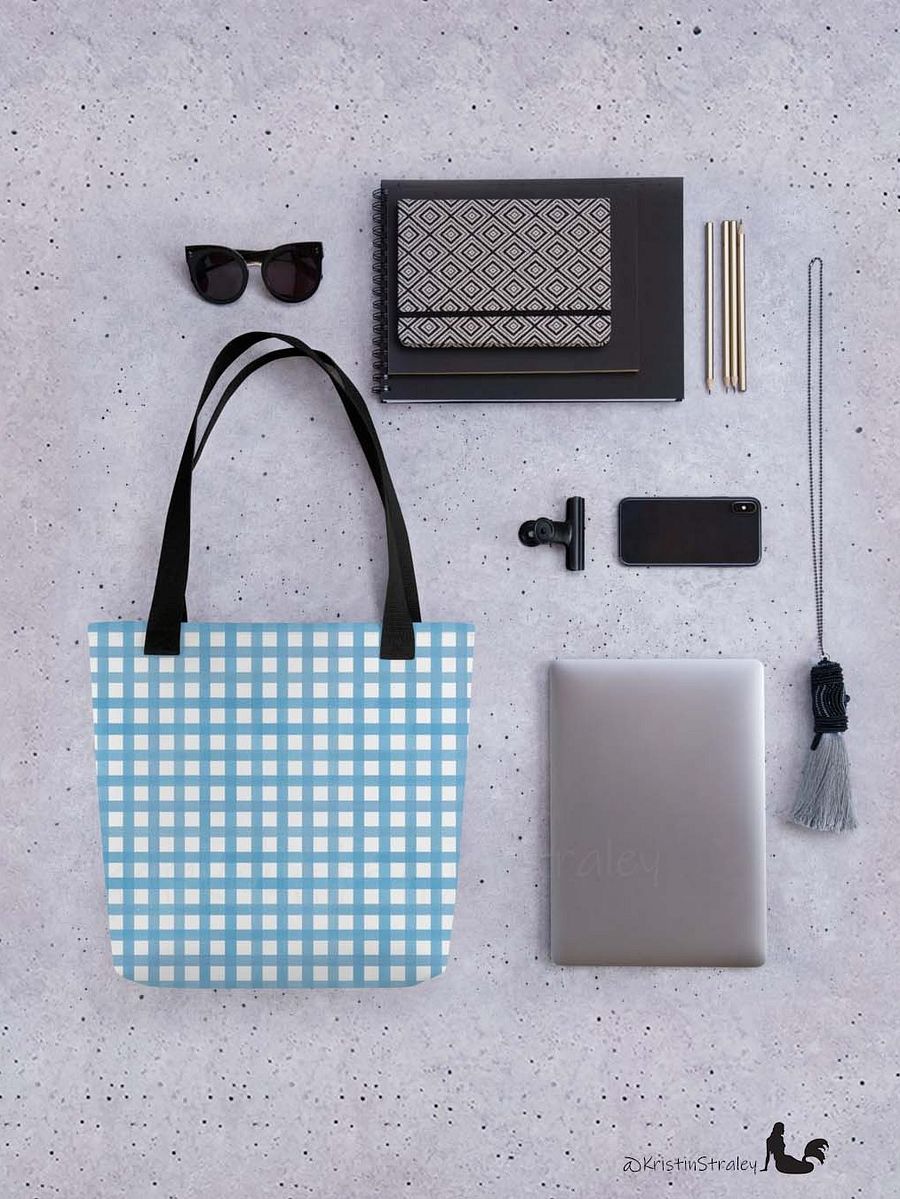 Blue Gingham Checker on White Tote Bag product image (4)