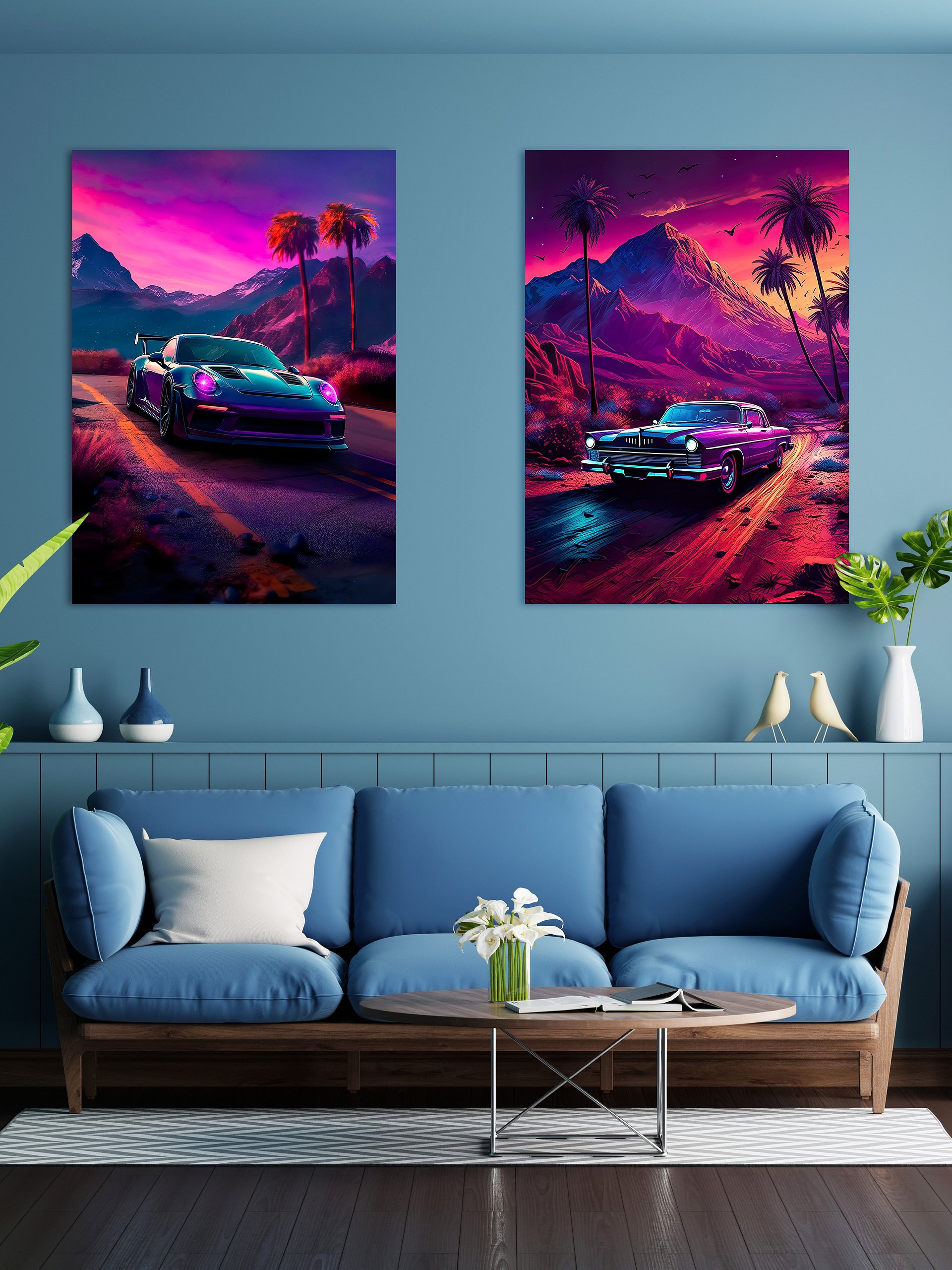 Synthwave aesthetic sport car Porsche with palms [synthwave/vaporwave/cyberpunk] — aesthetic art print product image (2)