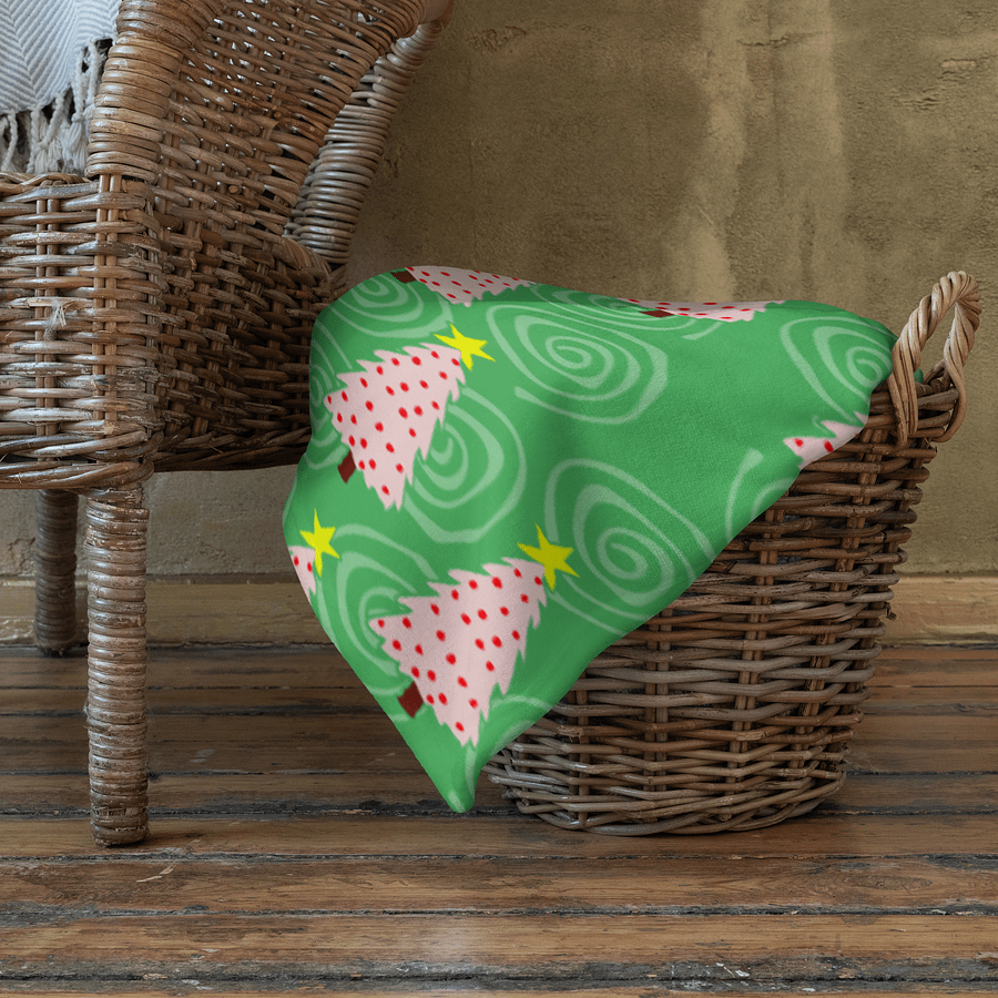 Pink Christmas Tree on Green with Swirls Soft Throw Blanket product image (4)