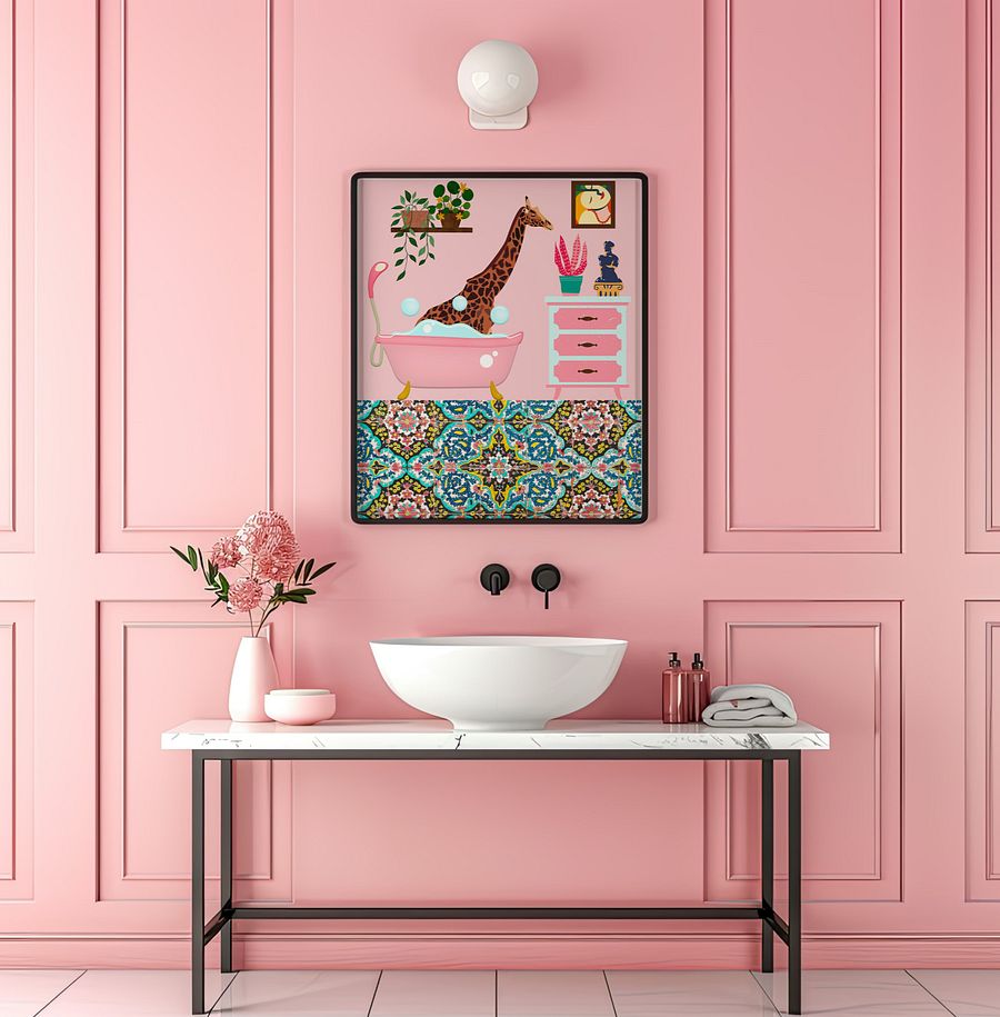 Bathing Giraffe Pink Bathroom Wall Art Print product image (2)