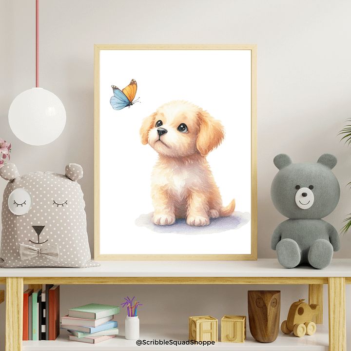 Curious Puppy and Butterfly Wall Art - Whimsical Nursery Decor product image (2)