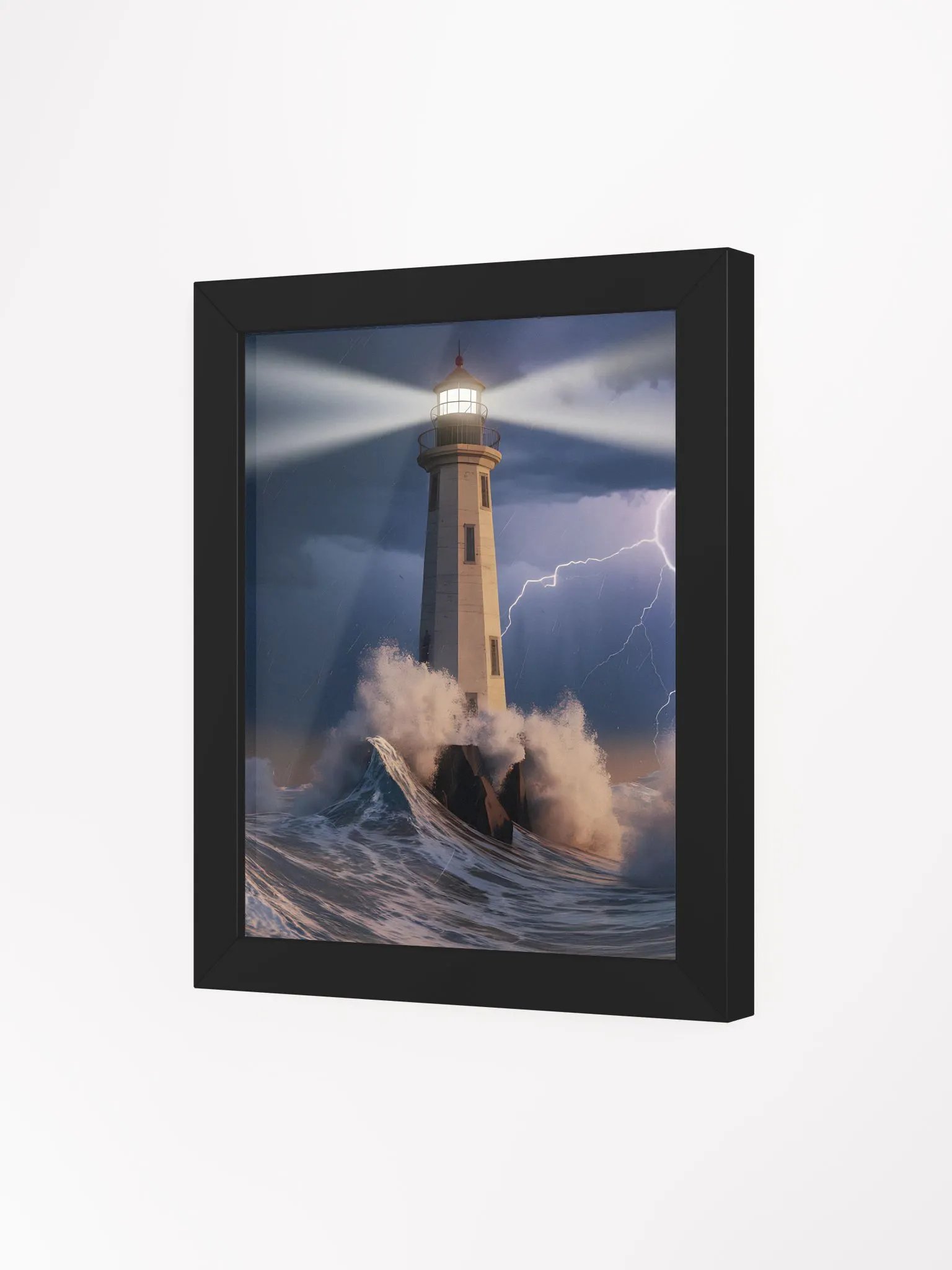 Stormy Lighthouse Framed Wall Art - Dramatic Coastal Scene with Lightning and Waves product image (32)