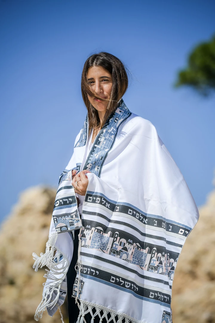 Jerusalem -GRAY, BLUE, PINK Small Tallit (Prayer Shawl) KIT product image (1)
