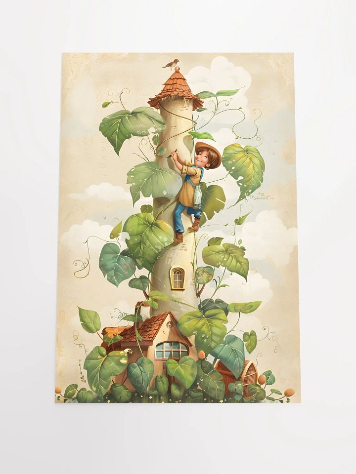 Boy climbing a tall beanstalk toward a cozy small house product image (1)