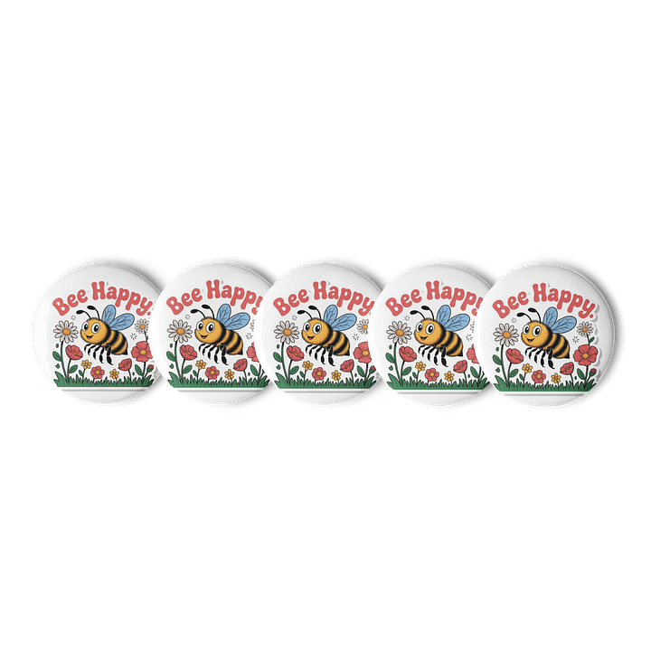 Set of 5 'Bee Happy' Pin Buttons - Whimsical Bee and Flower Design product image (1)