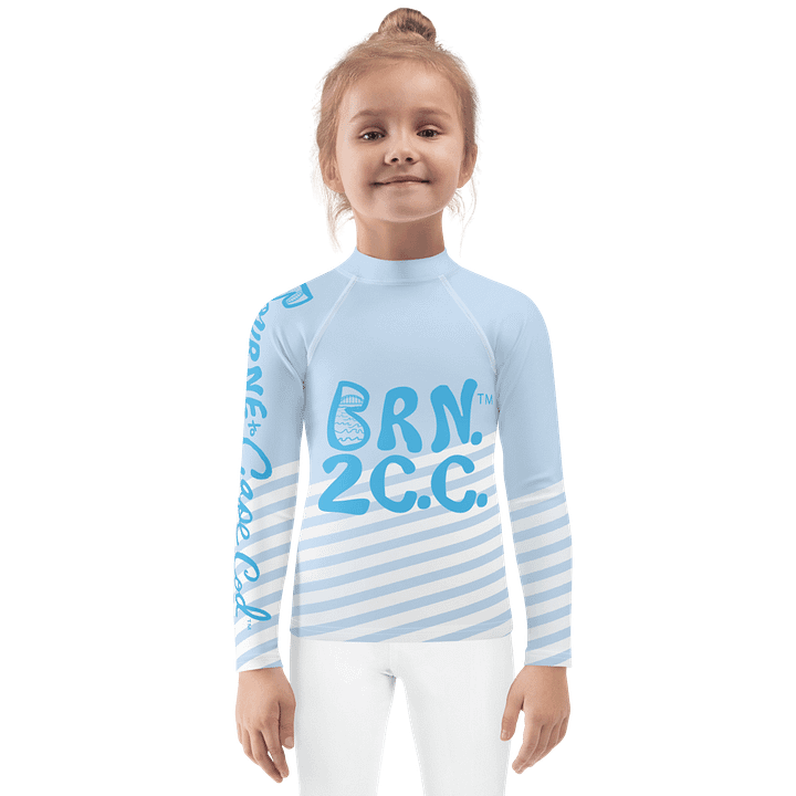 Girls' | Little KIDS | Rash Guard | BRN.2C.C.™ Front Print | BOURNE to Cape Cod™ Back & Sleeve Logo | Coastal UV Shirt for Active Kids | Slim Fit Swim Top | Blue Logo on Patriotic Pastels product image (1)