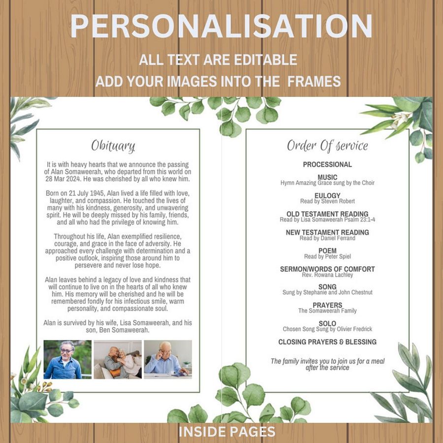Green Leaves Funeral Program Canva Template product image (7)