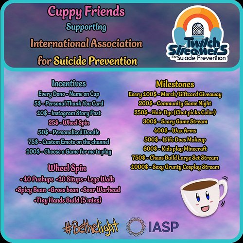 Tomorrow! Monday, May 22, 3pm EST! Charity Stream Supporting IASP! Chaos and Fun abound~ 

https://www.twitch.tv/its_xirr

Do...