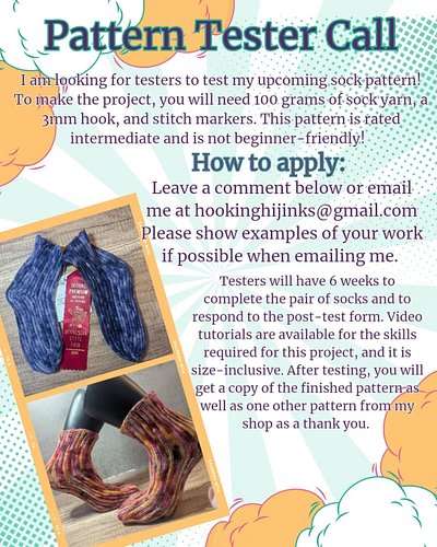 Hello! I am looking for pattern testers for my pattern, the Enzuigiri Socks. The tester call is open until 12/15. Those selec...