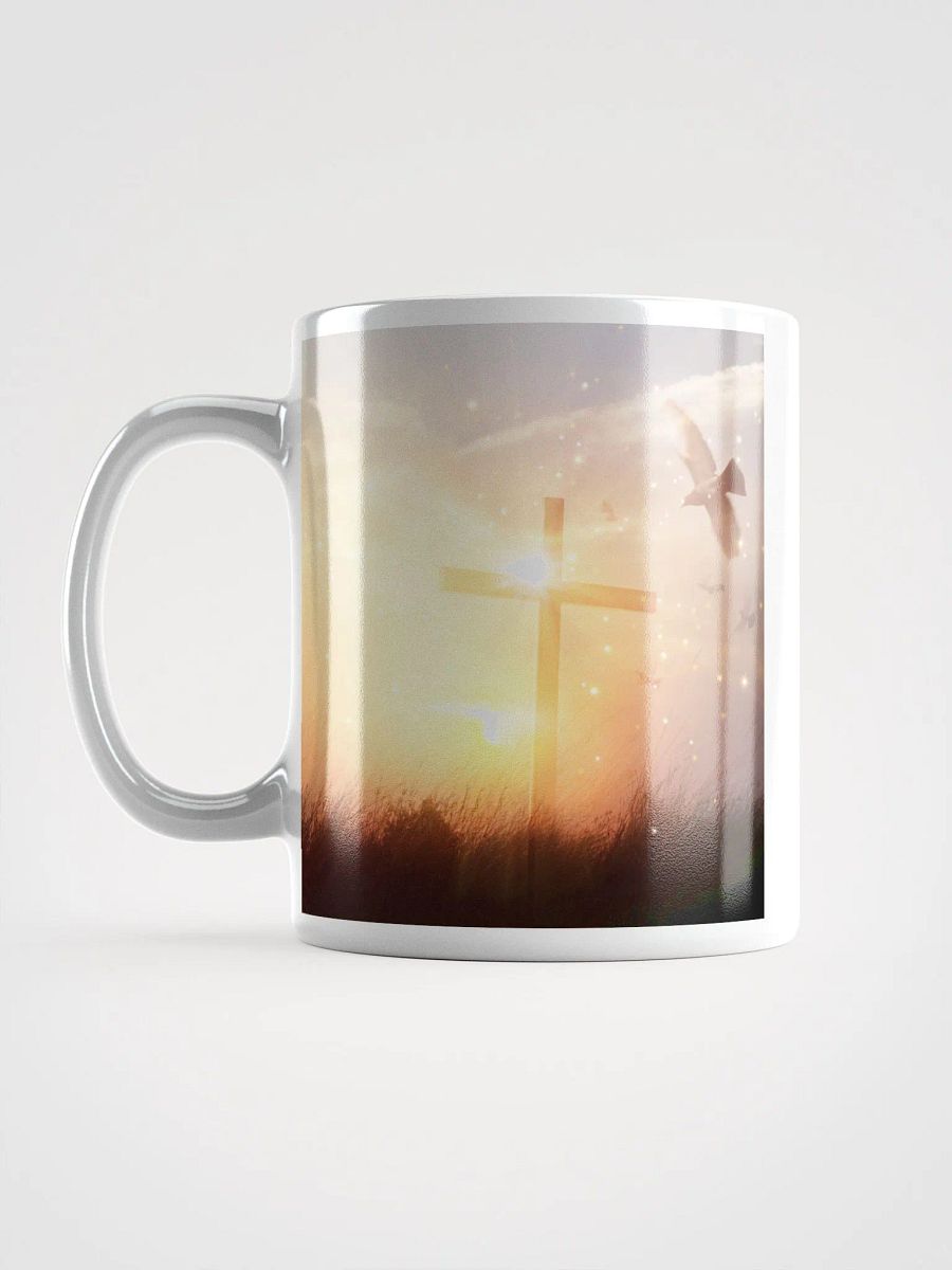 A cross standing against a serene landscape of rolling hills & a Radiant cross illuminated by a bright, golden light with glowing sunrise & doves Mug product image (3)