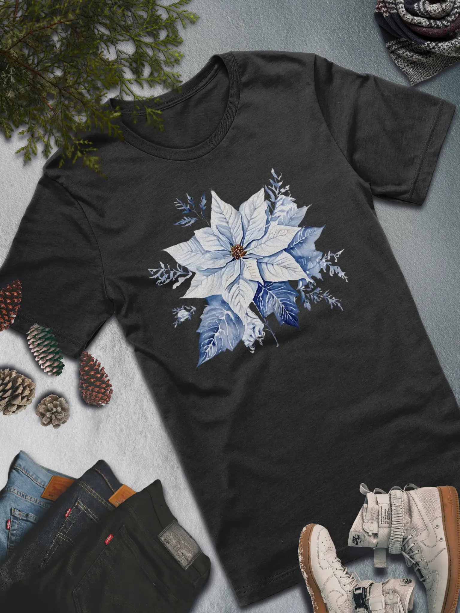 Blue Poinsettia T-Shirt – Elegant Winter Floral Style product image (1)