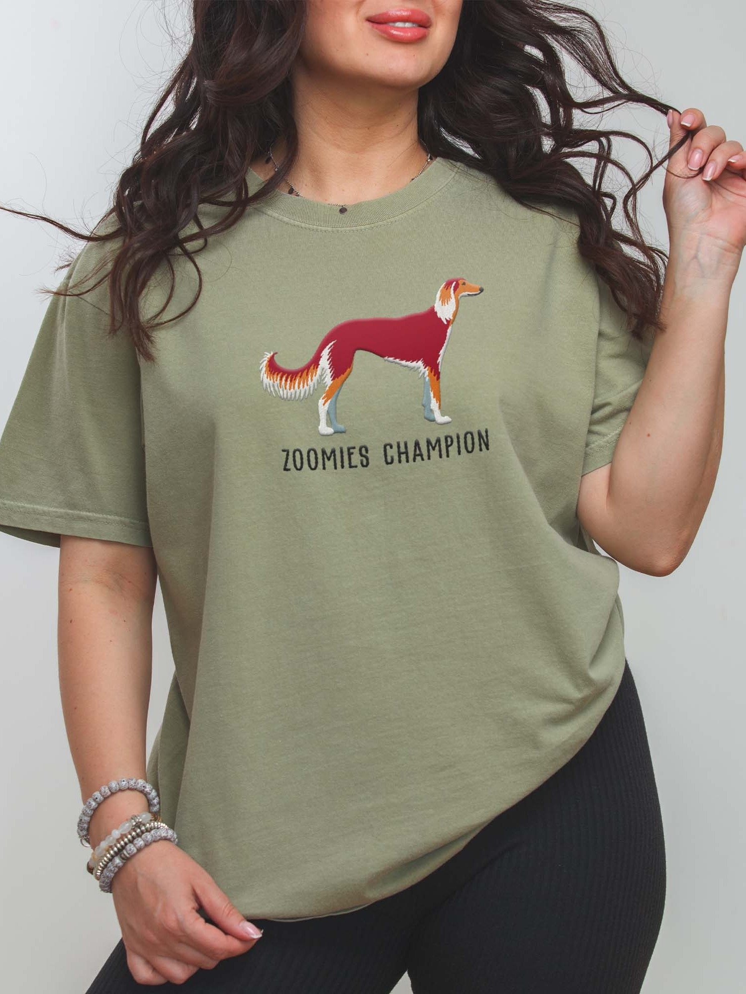 Zoomies Champion T-Shirt(Embroidered) of a Saluki(Chocolate & Tan) product image (2)