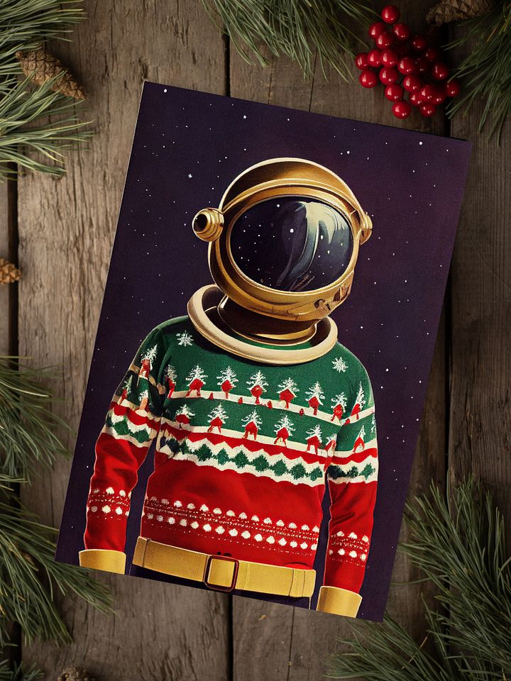 Retro Spaceman in an Ugly Sweater Kitsch Christmas Cards Pack of 10 • 5×7 product image (1)
