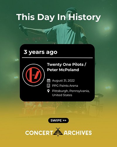 ✨ This Day in Concert History – August 31 ✨

2022 – Twenty One Pilots and Peter McPoland lit up the stage with a night of gen...