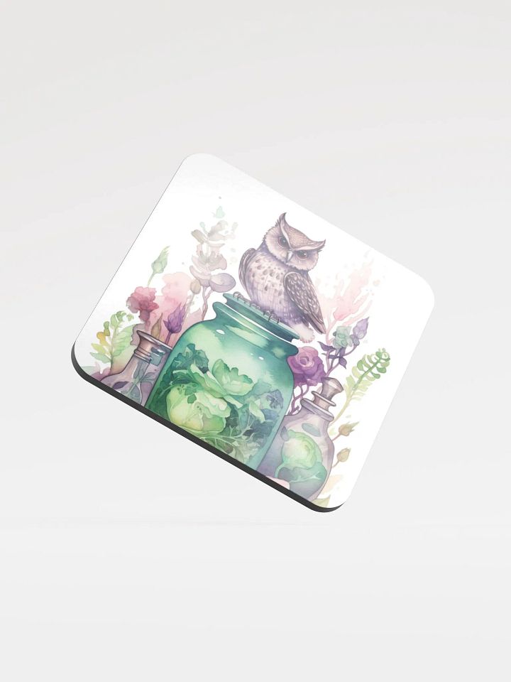 Glossed Cork Coaster 🦉 Peaceful Green with a Hint of Pink - Owls Vibes - Motif 1 product image (1)