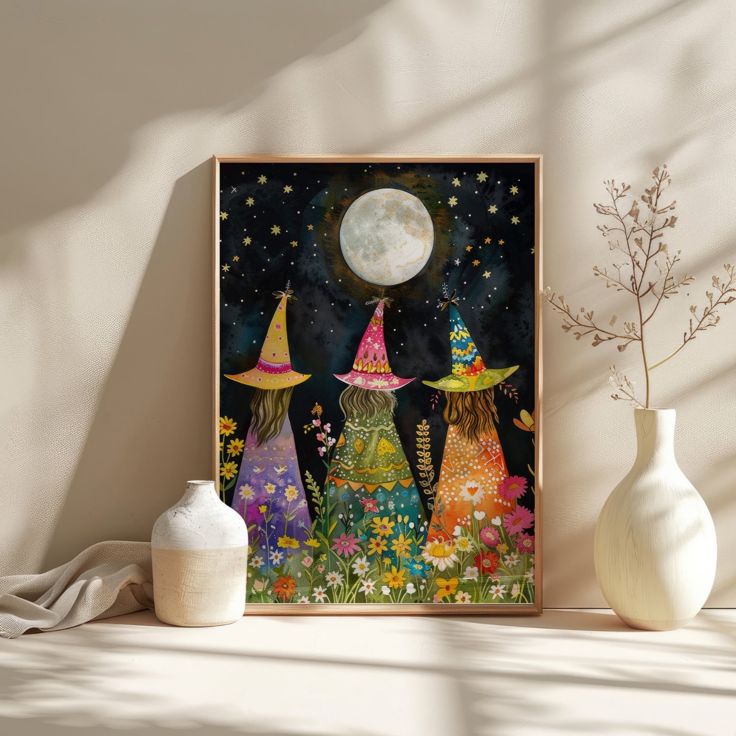 Whimsical Witches Under The Fullmoon Colorful Art Print product image (30)