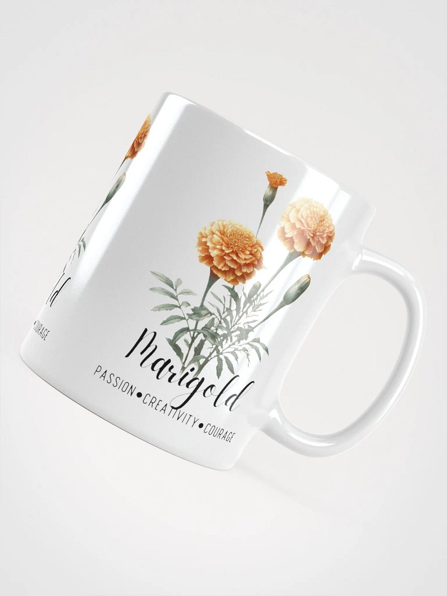 Marigold Ceramic White Mug: Passion, Creativity, Courage October Birth Month Flower product image (6)