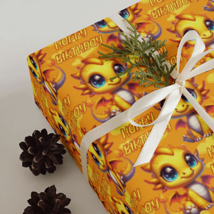 Happy Birthday Baby Dragon Gift Wrapping Paper 3 Sheet Set #1 Yellow Baby Dragon product image (5)