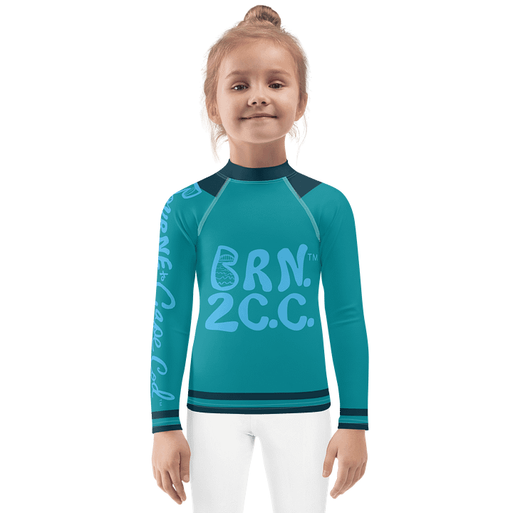 Girls' | Little KIDS | Rash Guard | BRN.2C.C.™ Front Print | BOURNE to Cape Cod™ Back & Sleeve Logo | Coastal UV Shirt for Active Kids | Slim Fit Swim Top | Blue Logo on Blue Stripes product image (1)