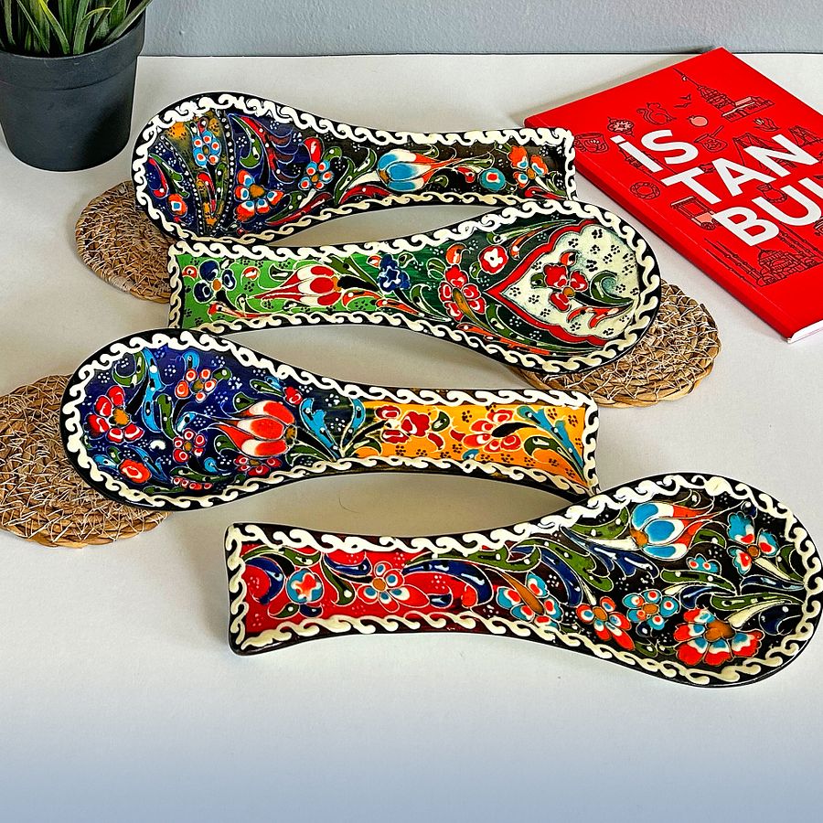 Ceramic spoon rest (Iznik style, blue-yellow) — handmade pottery product image (3)