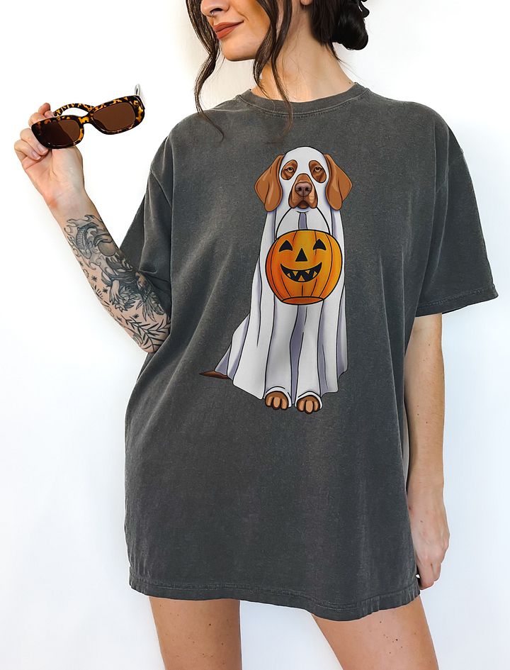 Vizsla Halloween Tee | Funny Fall and Halloween Vizsla Wearing a Ghost Costume with Pumpkin Basket product image (6)