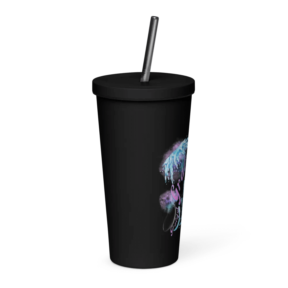 Insulated tumbler with beautiful swirly blue water splash and drops design featuring “grateful’ product image (4)