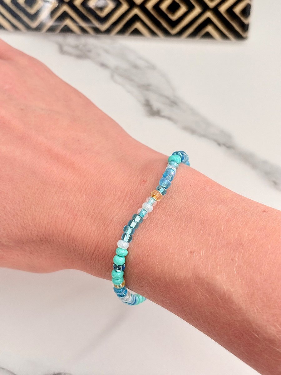 Turquoise, Aqua, Greens & Blues | Seed Beaded Bracelet | Handmade 8" Coastal Charm by Monique Faella Designs™ | MFD-00046 product image (5)