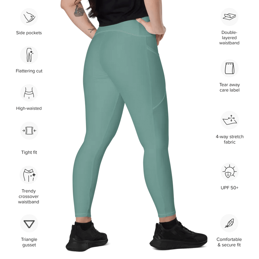 Plain Medium Teal Green Soft Summer Women's High Waisted Premium Crossover Leggings with Pockets by Treasure Pie product image (11)