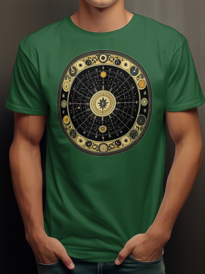 🌌 Celestial Zodiac Compass Unisex T-Shirt – Gold Cosmic Wheel Design | Mystical Astrology-Inspired Graphic Tee product image (2)