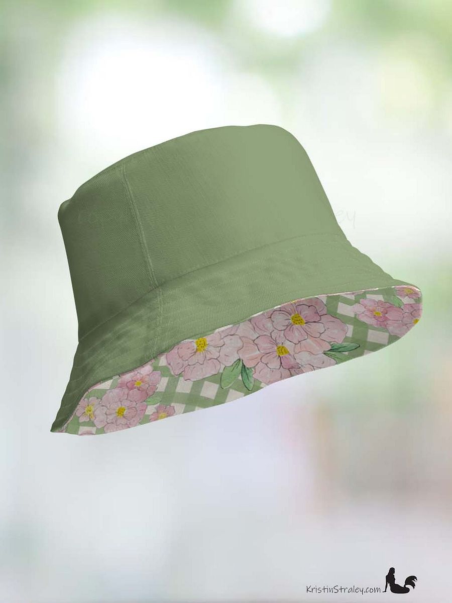 Pink Flowers on Gingham and Solid Green Reversible Bucket Hat product image (9)