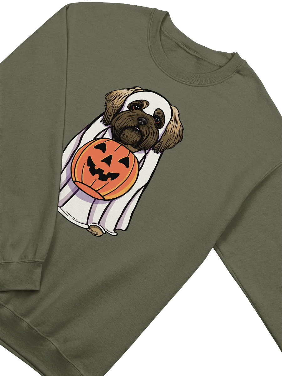 Funny Halloween Shih Tzu(Brown Mask) Sweatshirt | Funny Dog Wearing a Ghost Costume and Holding a Pumpkin Basket product image (18)