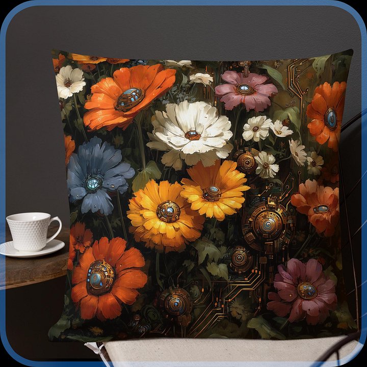Futuristic Floral Cushion | Tech Botanical Art Pillow | Colourful Cyber Blooms Home Dec product image (1)