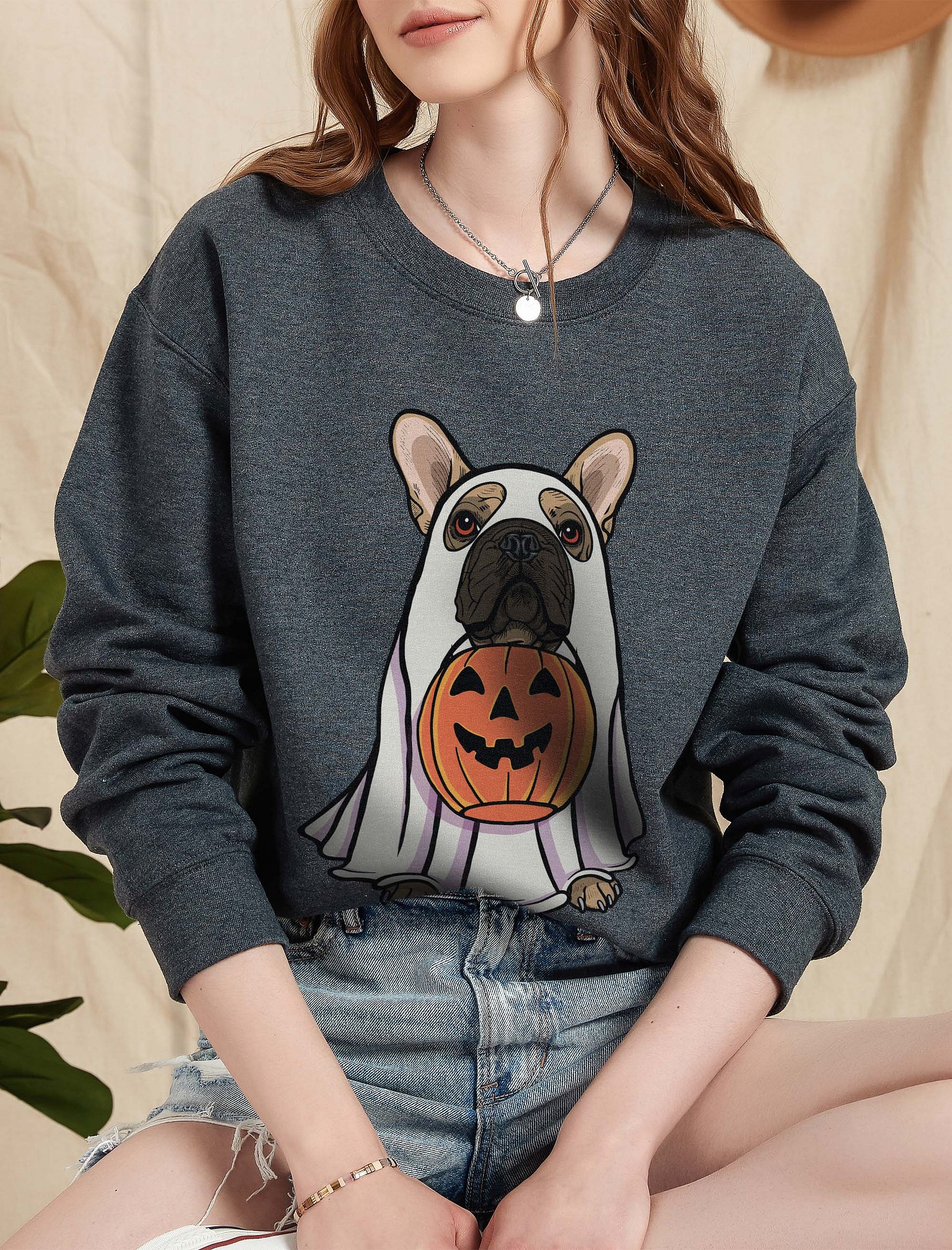 Funny Halloween French Bulldog Sweatshirt | Funny Frenchie Wearing a Ghost Costume and Holding a Pumpkin Basket product image (2)