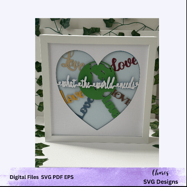 3D SVG 'What The World Needs' Heart-Shaped Earth Embraced by Love Layered Shadow Box Design product image (1)