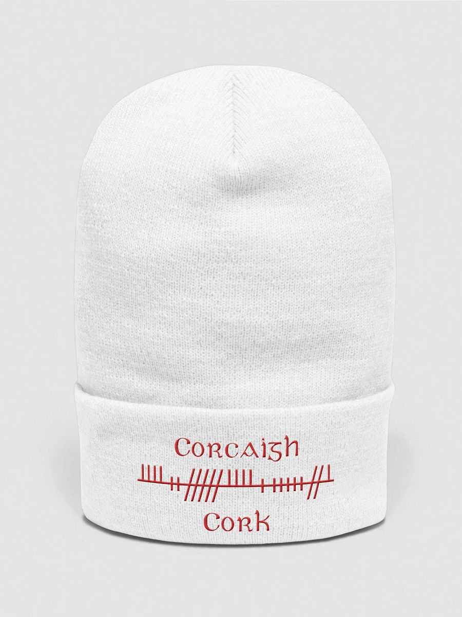 Cork/Corcaigh, Orthodox Style Ogham, white with red, embroidered Cuffed Beanie product image (1)