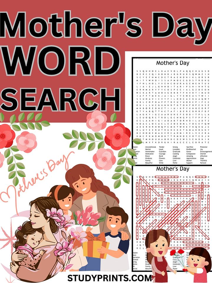 Mother’s Day Word Search Puzzle 50 KEY key Printable Worksheet product image (1)
