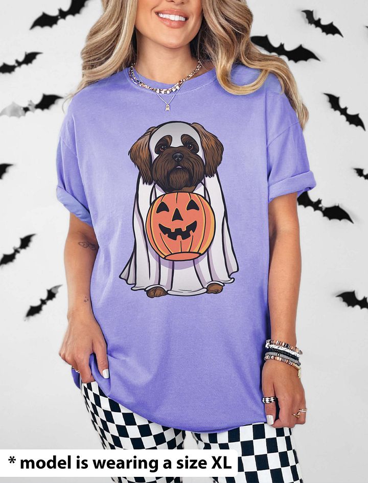 Funny Halloween Shih Tzu(Red Mask) T-Shirt | Funny Dog Wearing a Ghost Costume and Holding a Pumpkin Basket product image (24)