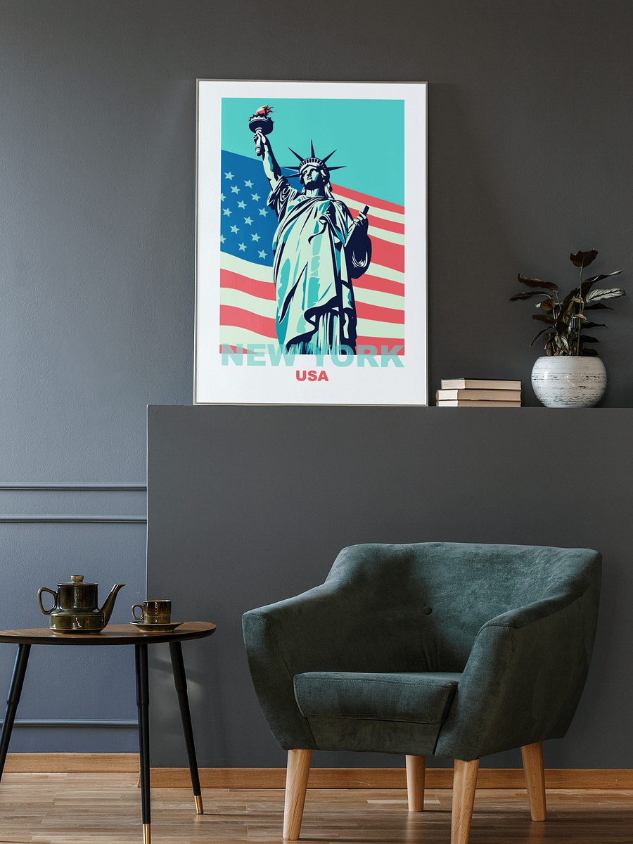 Statue of Liberty with American Flag Poster, Patriotic New York USA Wall Art, Iconic Landmark Print, Bold Graphic Travel Decor product image (2)