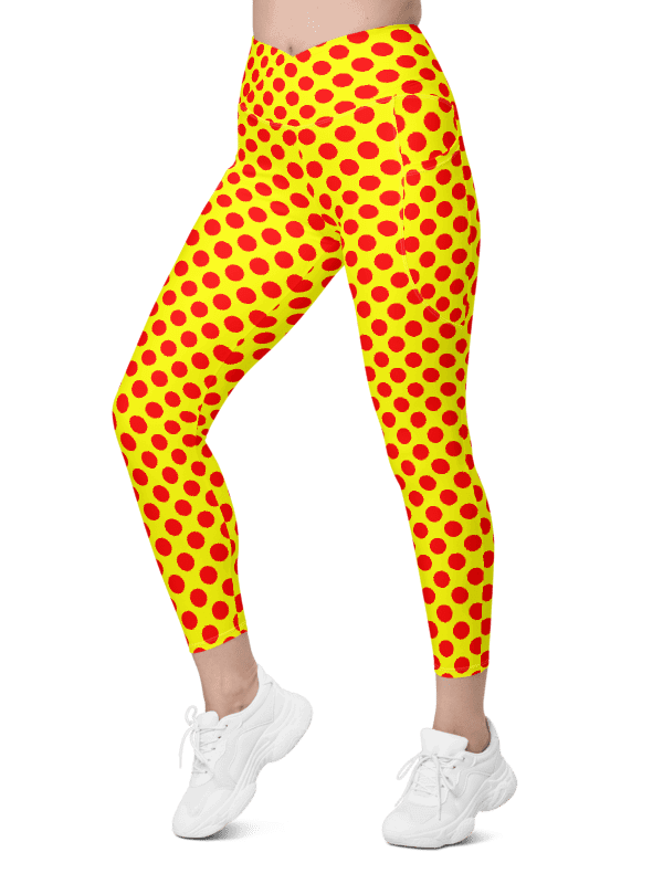 Red Polka Dots on Yellow Crossover Leggings with Pockets product image (4)