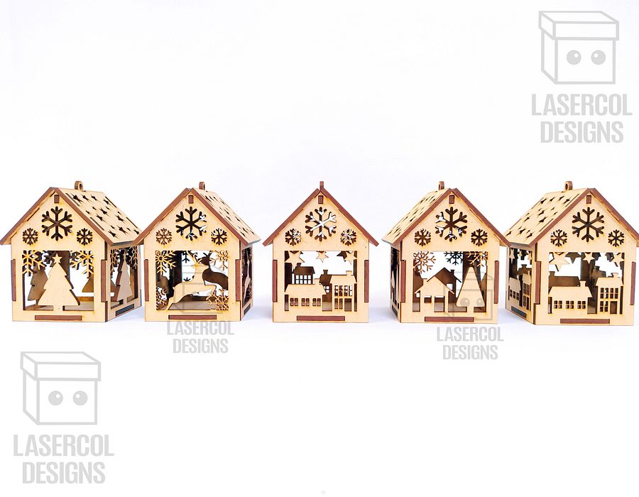 Christmas House Ornaments Set 3 (2 Sizes, 5 Styles) - Laser Cut Files product image (10)