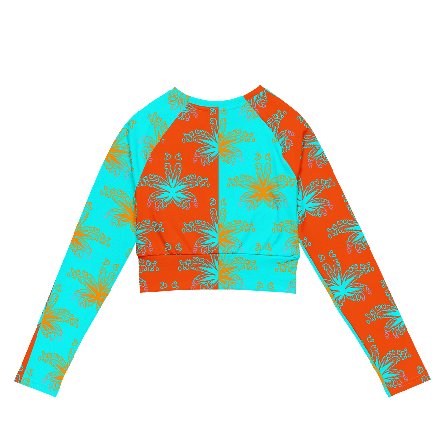 Cannabis Beach Recycled Long-Sleeve Crop Top, Summertime Stoner Twisted Circus Stripes Shirt, Orange Aqua Blue Weed Leaf Pattern Clothing product image (3)