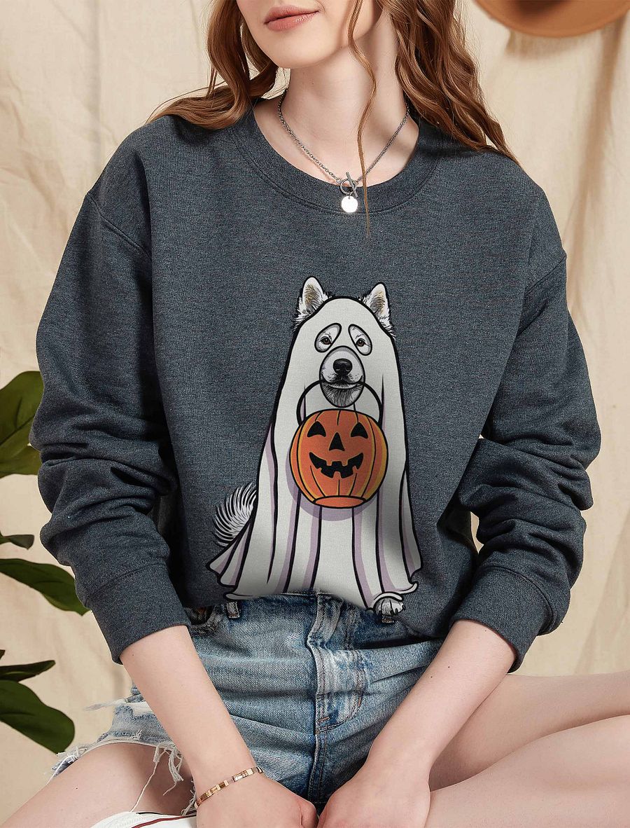 Funny Halloween Samoyed Sweatshirt | Funny Dog Wearing a Ghost Costume and Holding a Pumpkin Basket product image (5)