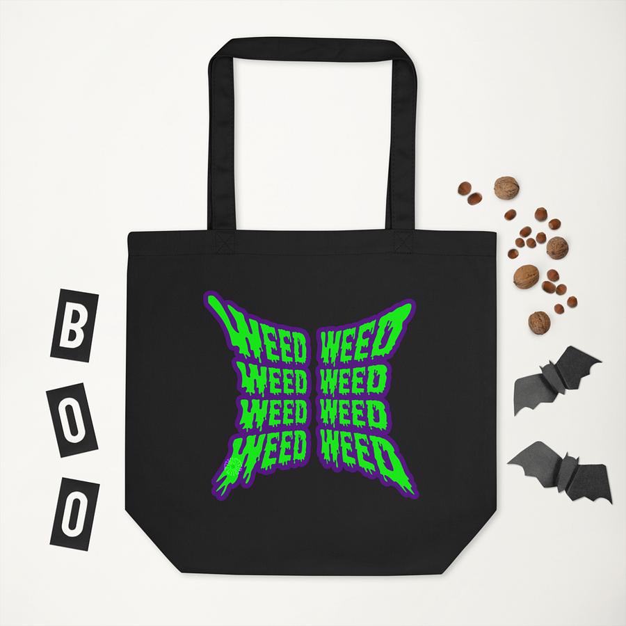 Weird Weed Word 420 Black Tote Bag, Green Purple Cannabis Butterfly Bag, Stoner Style Organic Cotton Accessory product image (3)