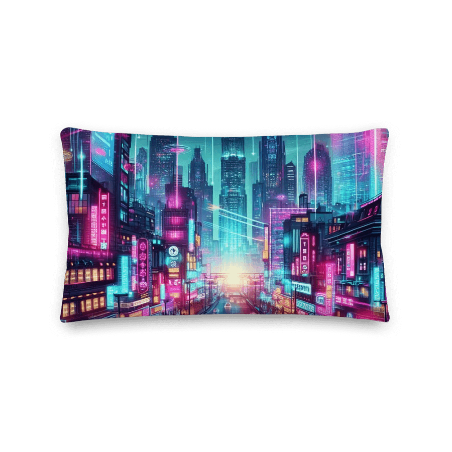 Neon Nights Futuristic City Premium Pillow | AI Design hongkong city product image (2)