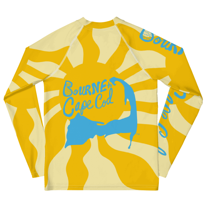 YOUTH | Rash Guard | BRN.2C.C.™ Front Graphic | BOURNE to Cape Cod™ Sleeve & Back Logo | Coastal Swim Shirt for Kids | UV Protection Activewear | Blue Logo | Wavy Sunshine product image (2)