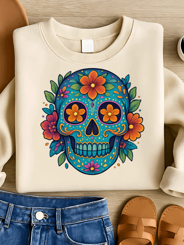 Sugar Skull Glow Sublimation PNG – Colorful Day of the Dead Inspired T-Shirt Design – Whimsical & Spooky – 300 DPI Instant Digital Download product image (1)