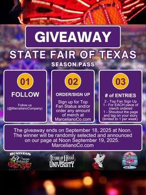 Back at it again with a State Fair of Texas season pass giveaway ‼️PLEASE ENTER ONLY IF YOU RESIDE IN DFW or have plans to go multiple times during the timeframe the fair is going on. All orders outside of Texas will not be considered and no monetary value will be provided as a substitution. READ FURTHER below for more.  NOTE:  - Entries will be tracked by your IG handle, email used for orders, email used for top fan status sign up and communication will be sent to whichever wins or sends a concern.  - If a winner somehow gets selected that doesn’t reside in DFW or changes their mind about their plans, we will run all entries again excluding theirs.  - In the interest of transparency, a video of the winner being chosen randomly will be uploaded at the time of the announcement.  It’s only my second time doing this so bear with me.  #marcelianoco #marcelianocompany #giveaway #raffle #statefairoftexas       