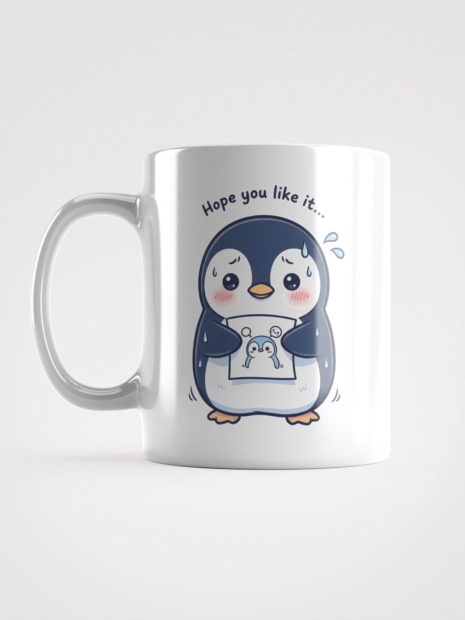 Nervous Penguin Presenting Art White Glossy Mug product image (1)