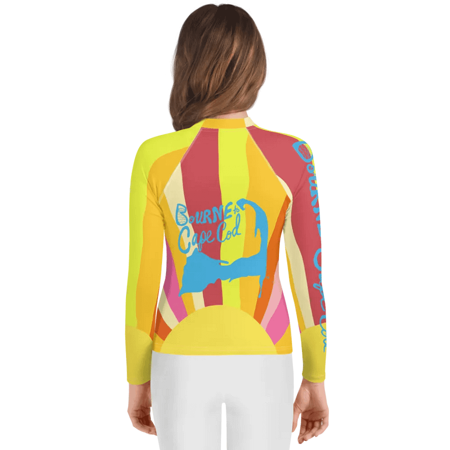 Girls' | YOUTH | Rash Guard | BRN.2C.C.™ Front Graphic | BOURNE to Cape Cod™ Sleeve & Back Logo | Coastal Swim Shirt for Kids | UV Protection Activewear | Blue Logo | Colorful Sun product image (2)
